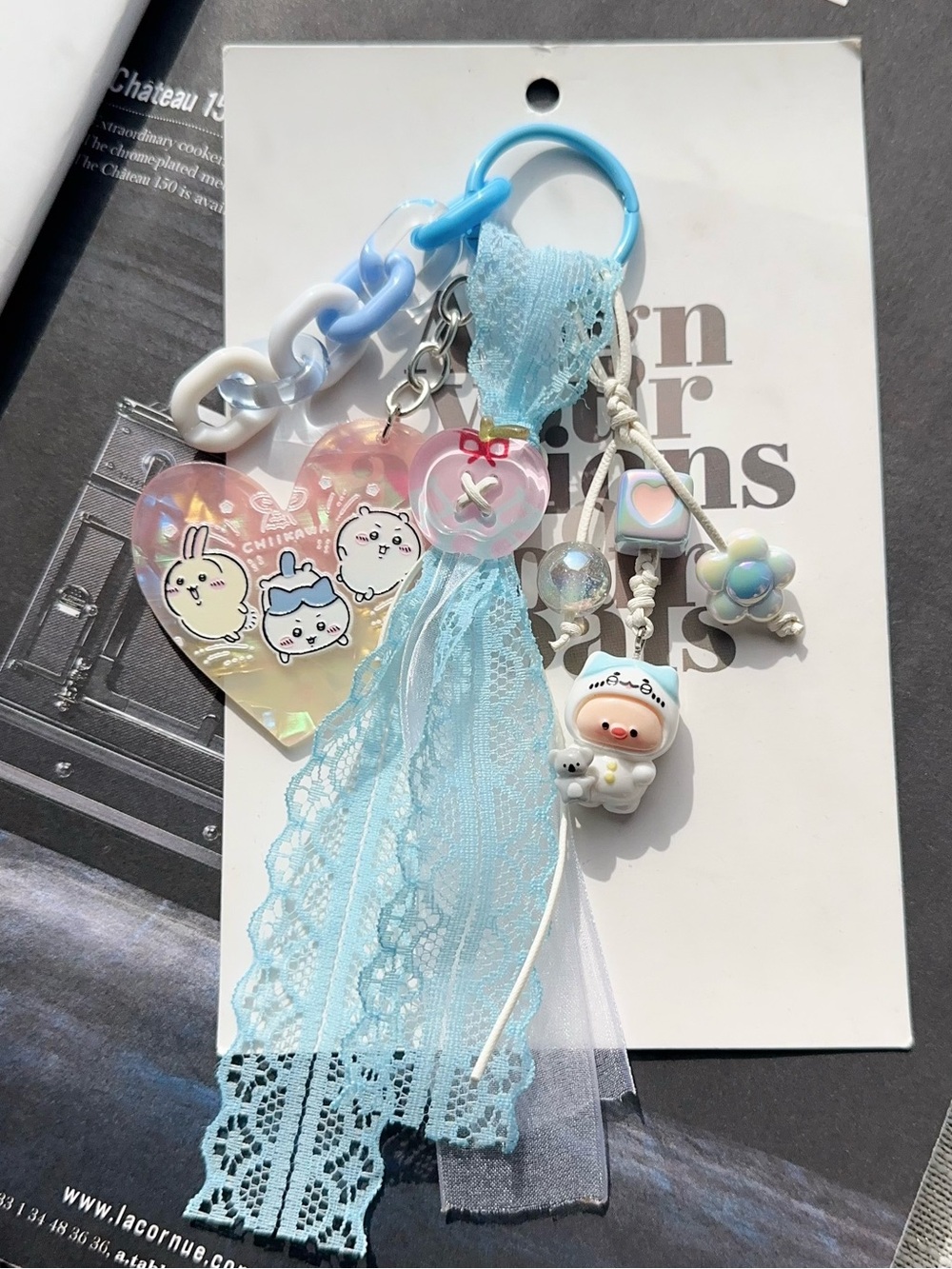 Cute Blue Small Pets Keychain Charm with Chiikawa Pastel Heart Pendant